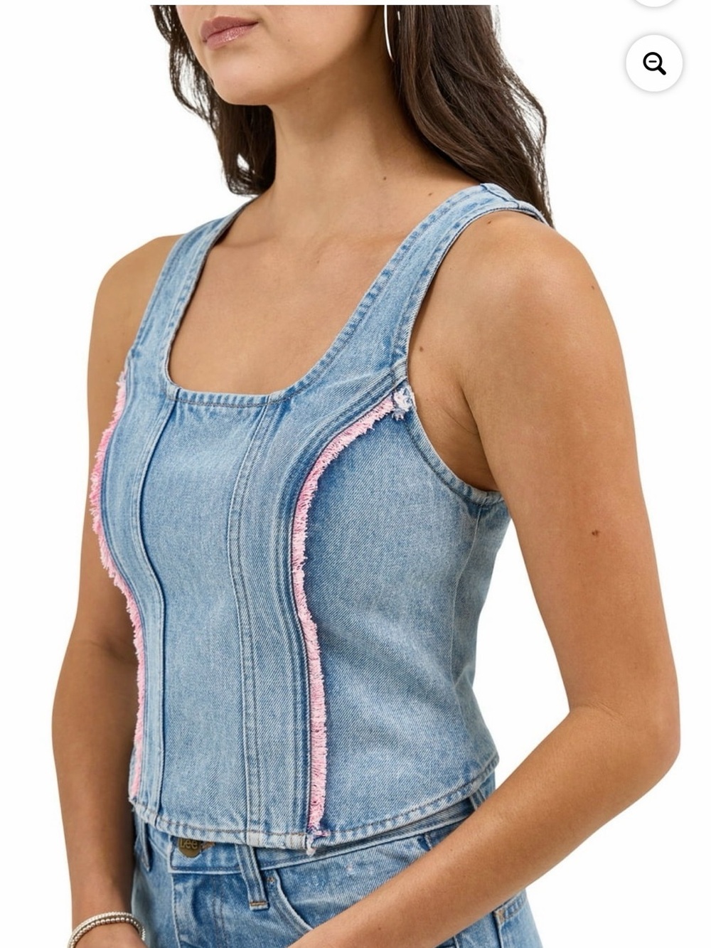 Lee Vintage Denim Crop Top XS Blue Sleeveless Pink Trim Zip Front Y2K